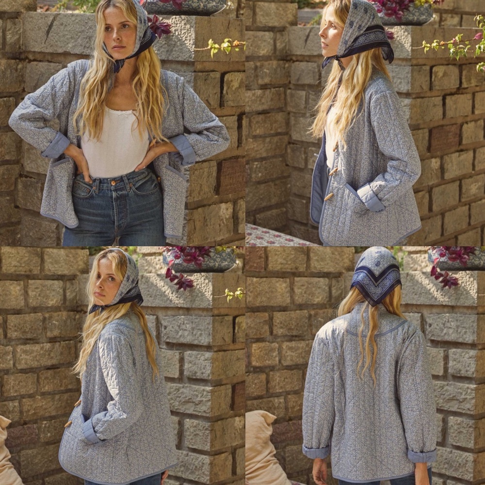NWT DOEN Parker Quilted Jacket XS Blue White Floral Organic Cotton Cottagecore